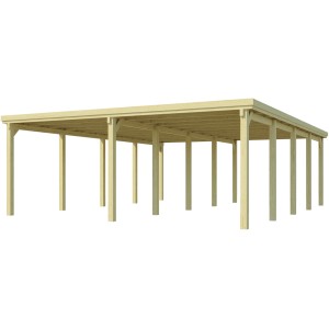 Weka Doppelcarport aus Holz, Flachdach, ohne Dachplatten, 603x802 cm.