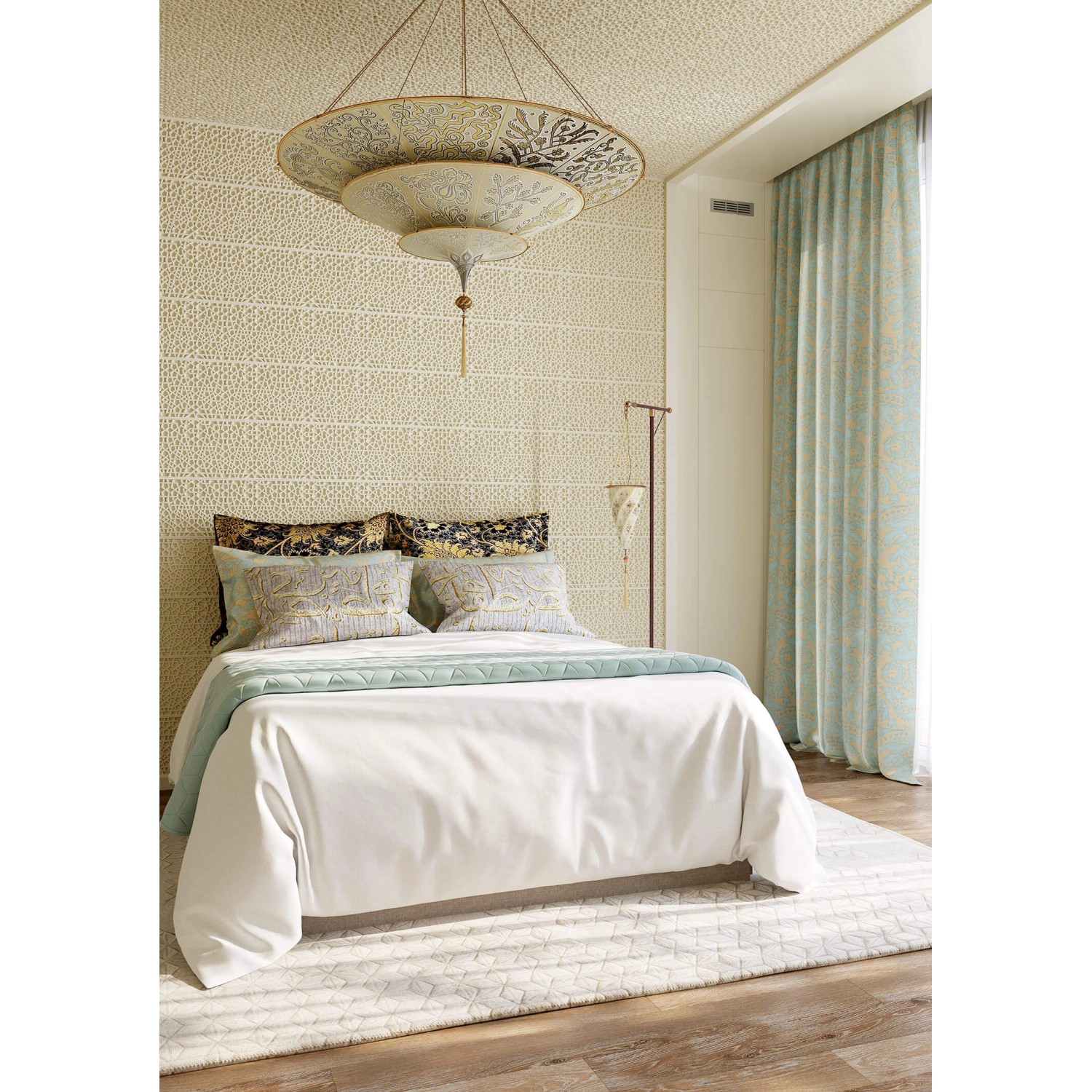 PROFHOME 3D Wandpaneel 151518 in Weiß mit marokkanischem Muster im Schlafzimmer.