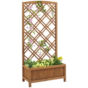 Outsunny Pflanzkasten aus Tannenholz mit Rankgitter, gelbbraun, bepflanzt mit Blumen.