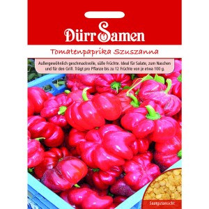 Dürr Samen Tomatenpaprika Szuszanna Saatgut mit roten, paprikaförmigen Tomaten.