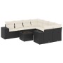 Schwarze 9-tlg. vidaXL Garten-Sofagarnitur aus Poly Rattan mit cremeweißen Kissen und Tisch.