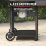 Detailaufnahme des Weber Holzkohlegrills Performer 57 cm Schwarz mit Ablageflächen und Rädern.