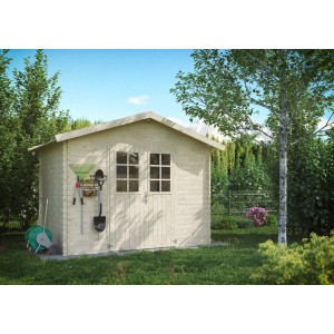 Unbehandeltes Holz-Gartenhaus Kiehn-Holz KH 19-005, 260x180 cm, mit Gartengeräten an der Wand.
