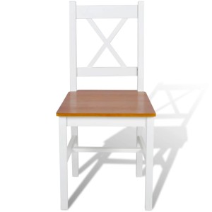 Esszimmerstuhl aus Kiefernholz, weiß lackiert mit naturfarbener Sitzfläche. Stabil und elegant.