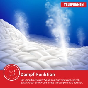 Detailaufnahme der Dampffunktion einer Telefunken Waschmaschine, die Textilien sanft reinigt und Falten reduziert.
