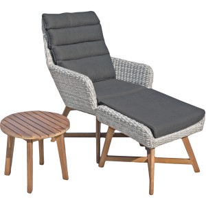 Lounger-Set Calvia Grau: Gartenmöbel-Set mit Liegestuhl aus Kunststoffgeflecht, grauem Kissen und kleinem Holztisch.