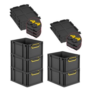 PROREGAL SuperSparSet: 5 schwarze Euroboxen mit gelben Griffen und Scharnierdeckel, 20 Liter.
