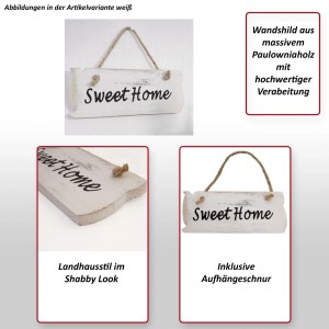 Weißes MCW Wandschild "Sweet Home" im Shabby-Look mit Kordelaufhängung.
