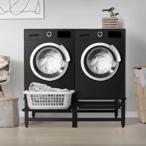 Schwarzes ML-Design Doppel Waschmaschinen Untergestell mit 2 Auszügen für Waschmaschinen und Trockner.