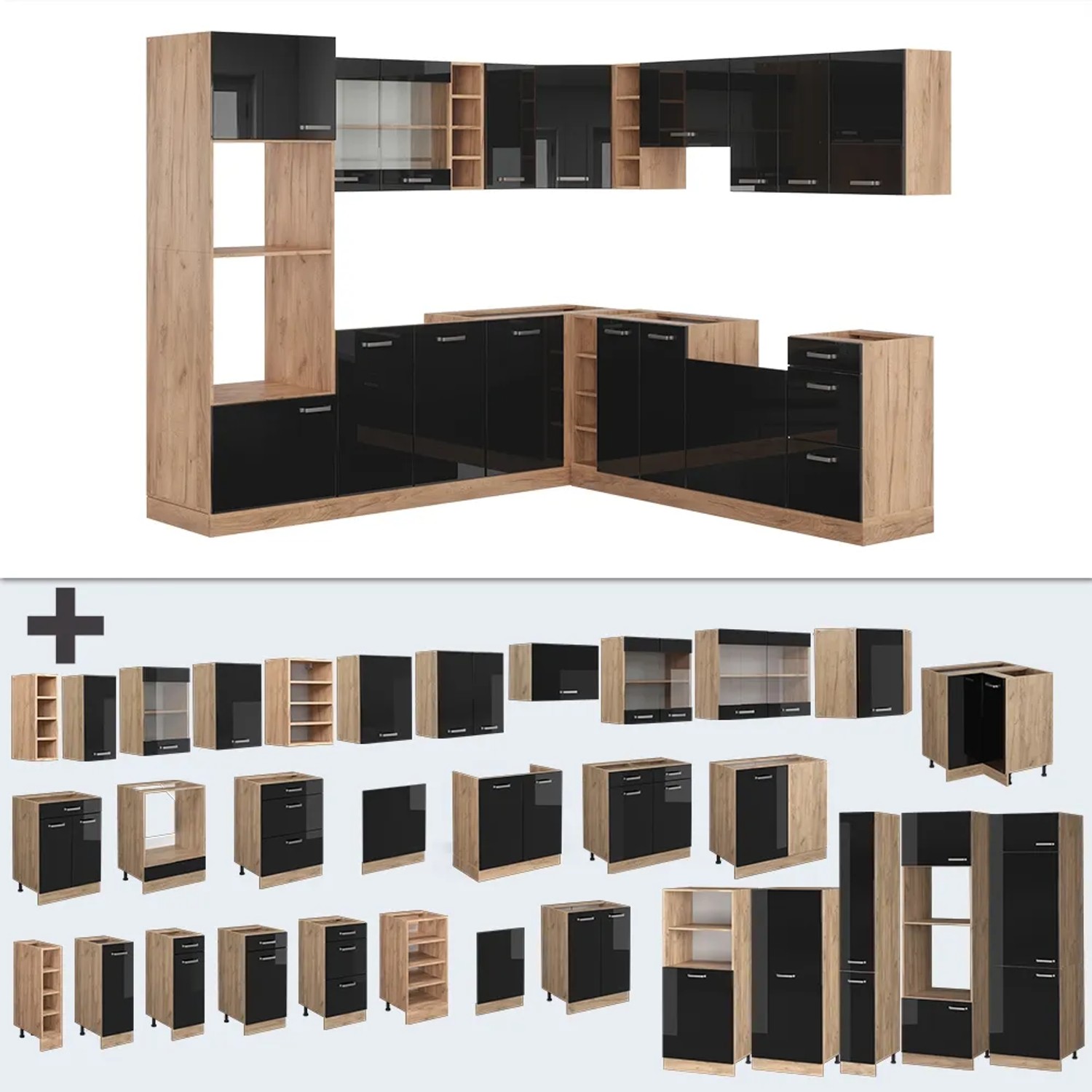 Vicco R-Line Einbauküche in Schwarz Hochglanz/Goldkraft Eiche, 237 cm breit, ohne Arbeitsplatte.