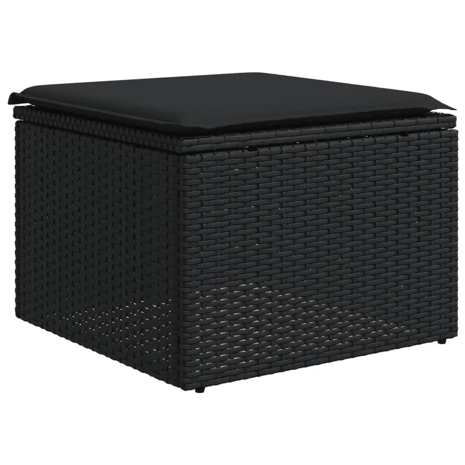 Schwarzer vidaXL Garten-Fußhocker aus Rattan mit Kissen, Teil der Sofagarnitur.