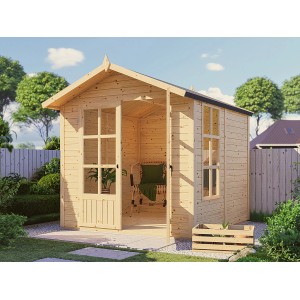 Bertilo Holz-Gartenhaus Melrose mit Doppeltür und Sprossenfenstern im Garten.