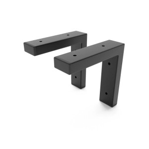 Zwei schwarze HEVVA Schwerlast Regalhalterungen aus Metall, 15 cm tief, mit Montagelöchern. Ideal für stabile Wandmontage.