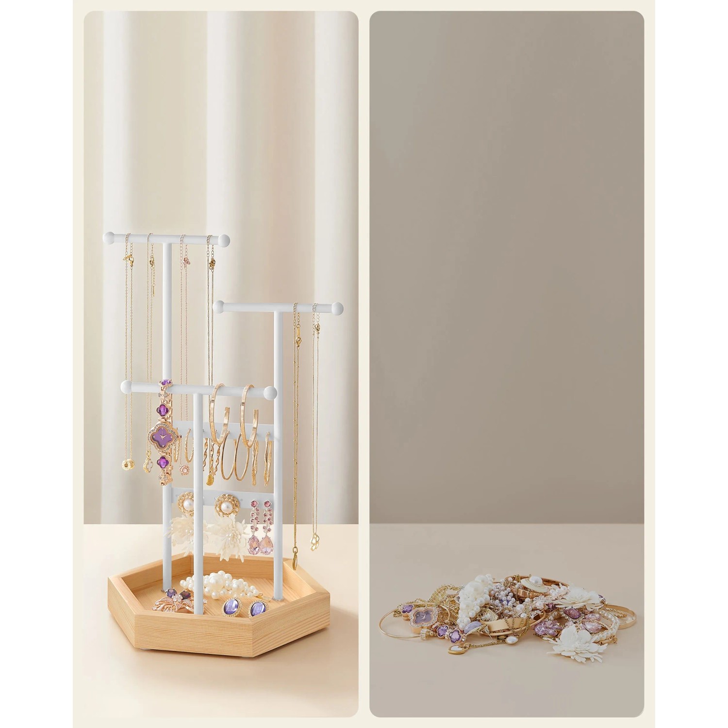 Songmics Schmuckständer Caeley, weiß-natur, mit Ohrringen, Ketten und Armbändern auf Tablett.