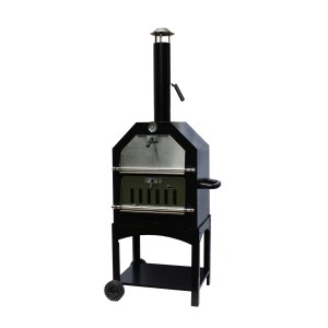 Schwarzer, fahrbarer Buschbeck Pizzaofen mit Staufach und Temperaturanzeige.