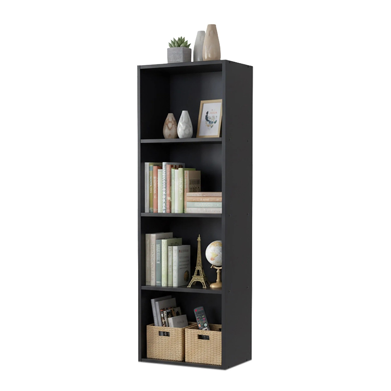 Relaxdays Bücherregal Holzwerkstoff Schwarz 4 Fächer Rutschfest Kippsicher 106 cm x 32 cm x 24 cm
