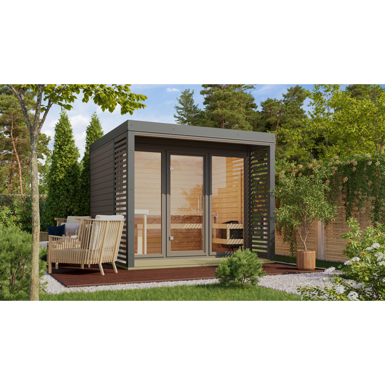 Karibu Saunahaus Seros 3 Terragrau/Staubgrau mit Ofen 9 kW Ext. Strg. günstig online kaufen