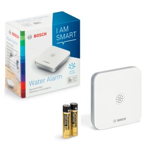 Bosch Smart Home Wassermelder BWA-1 mit Verpackung und Batterien.