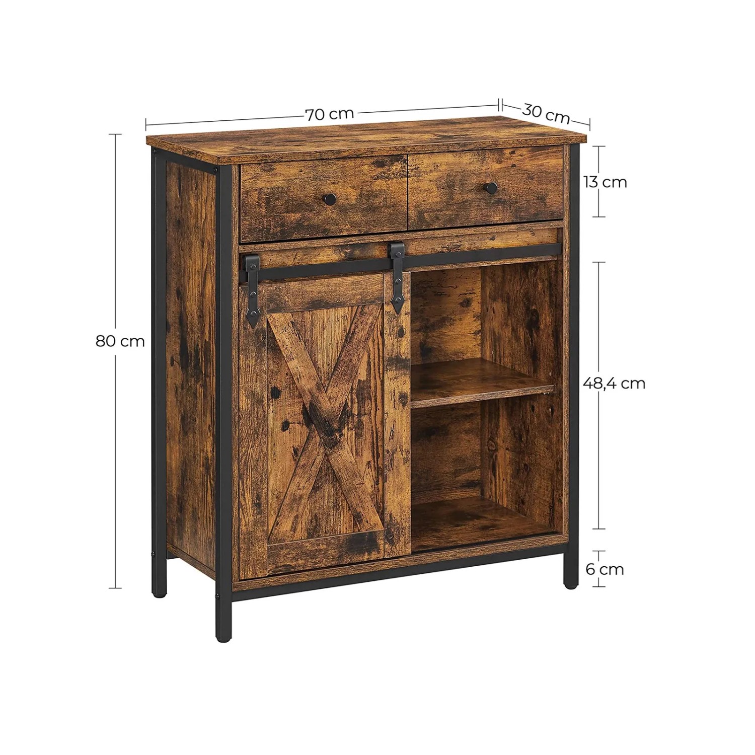 Vasagle Beistellschrank im Landhausstil, braun-schwarz, mit Schiebetür, Schublade und Regalfächern.