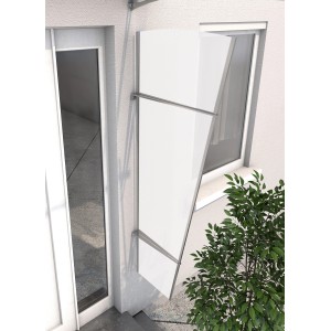 Seitenblende aus Edelstahl und satiniertem Acrylglas, 167x62x32 cm, als Wind- und Wetterschutz für den Eingangsbereich.