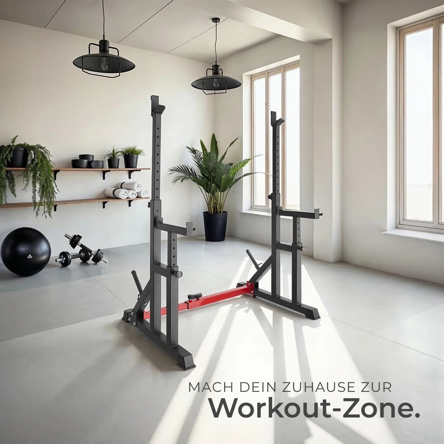 Tectake Squat Rack Creed, multifunktionales Fitnessgerät mit Ablagen, schwarz.