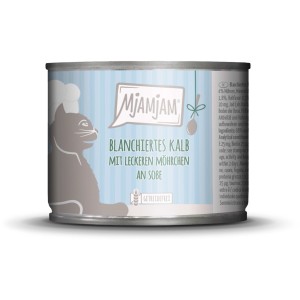 Mjamjam Katzen-Nassfutter Blanchiertes Kalb mit Möhrchen, 185g Dose.