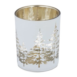 Weiß-goldener Teelichthalter aus Glas mit Tannenbaum-Motiv, 8,5x7 cm.