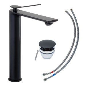 Schöner Wohnen Waschtischarmatur Viola, Auslauf 24cm, mattschwarz, mit Ablaufgarnitur und Anschlussschläuchen.