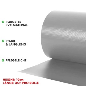 Graue KARAT PVC Sichtschutzstreifen Rolle (19cm x 35m) für Gartenzäune.