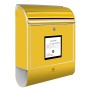 Design Briefkasten Silber mit gelbem Motiv, pulverbeschichtet, mit Zeitungsfach. Wandbriefkasten.