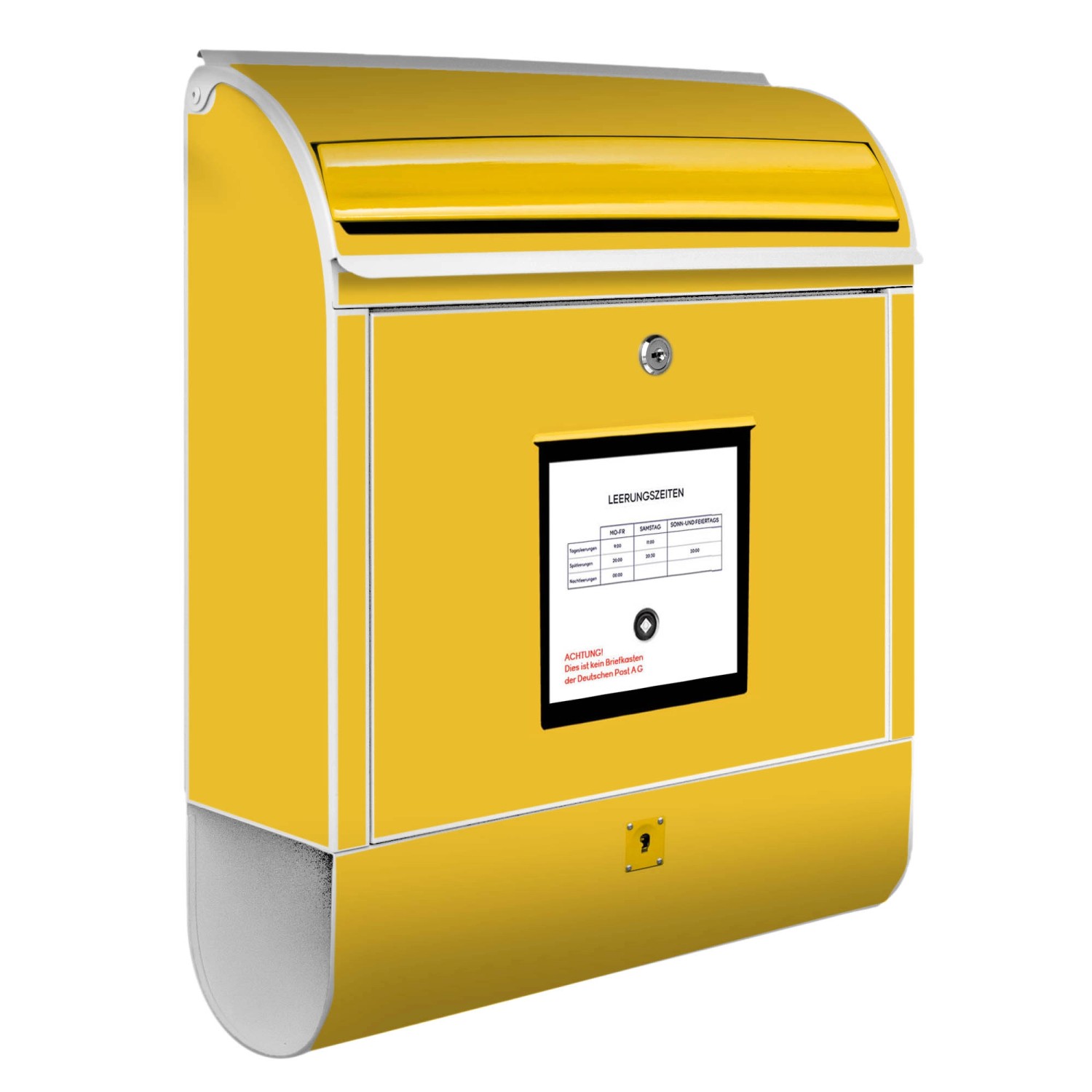 Design Briefkasten Silber mit gelbem Motiv, pulverbeschichtet, mit Zeitungsfach. Wandbriefkasten.
