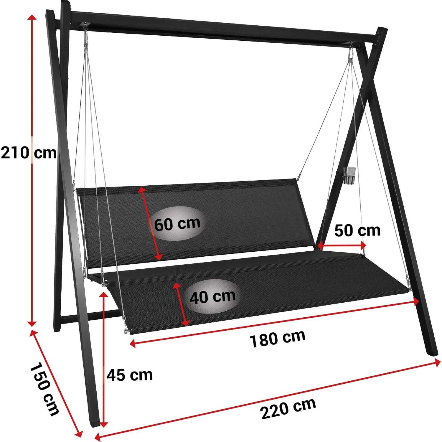 Schwarze Hollywoodschaukel Relax mit Maßen 220x210x150 cm. 3-Sitzer Gartenschaukel aus robustem Gewebe.