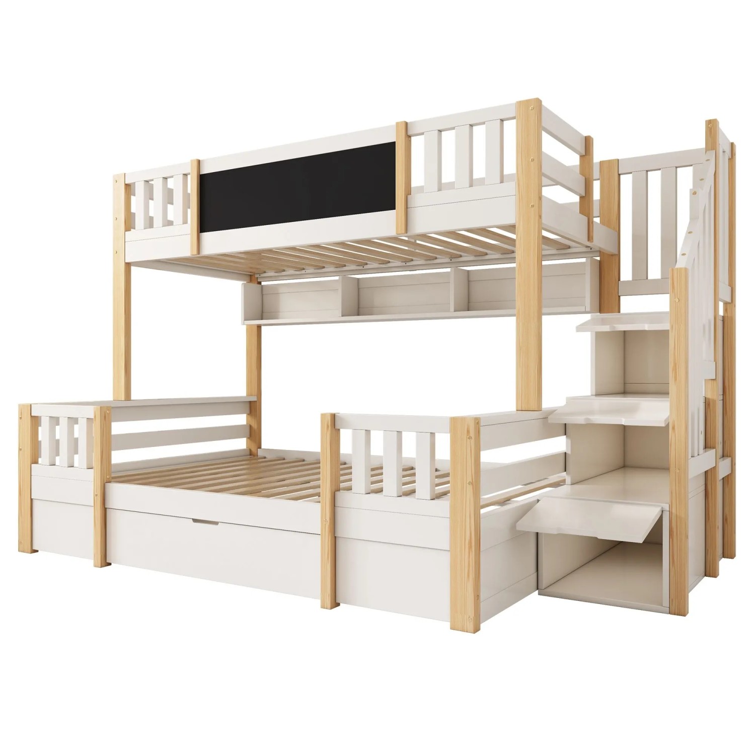 okwish Etagenbett 140x200cm mit Kreidetafel Stautreppe und Schubladen Natur ohne Matratze