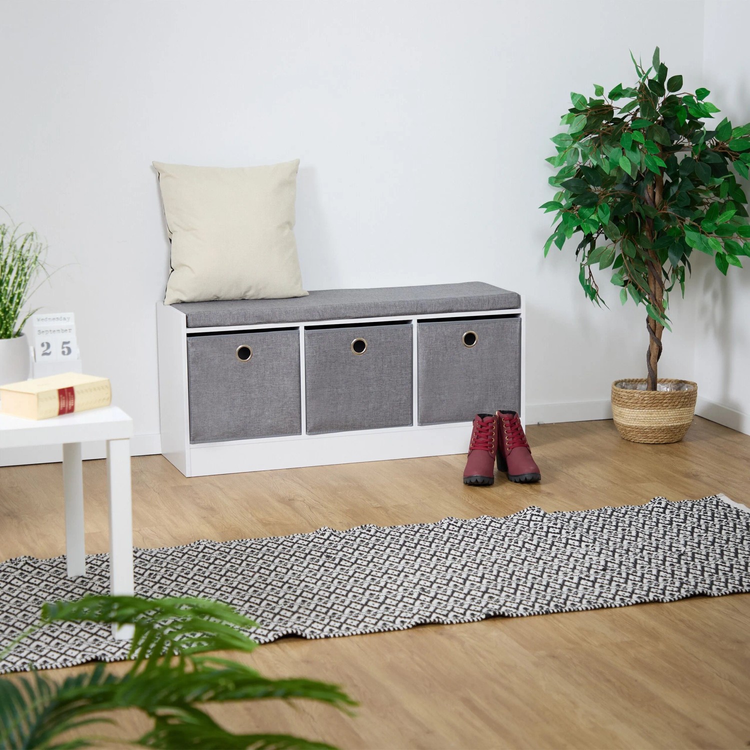 Relaxdays Sitzbank Spanplatte Weiß Grau Mit Polster 102 cm x 32 cm x 46 cm_2