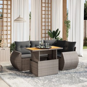 Graue 5-tlg. vidaXL Garten-Sofagarnitur aus Polyrattan mit Tisch und Kissen für Terrasse oder Garten.