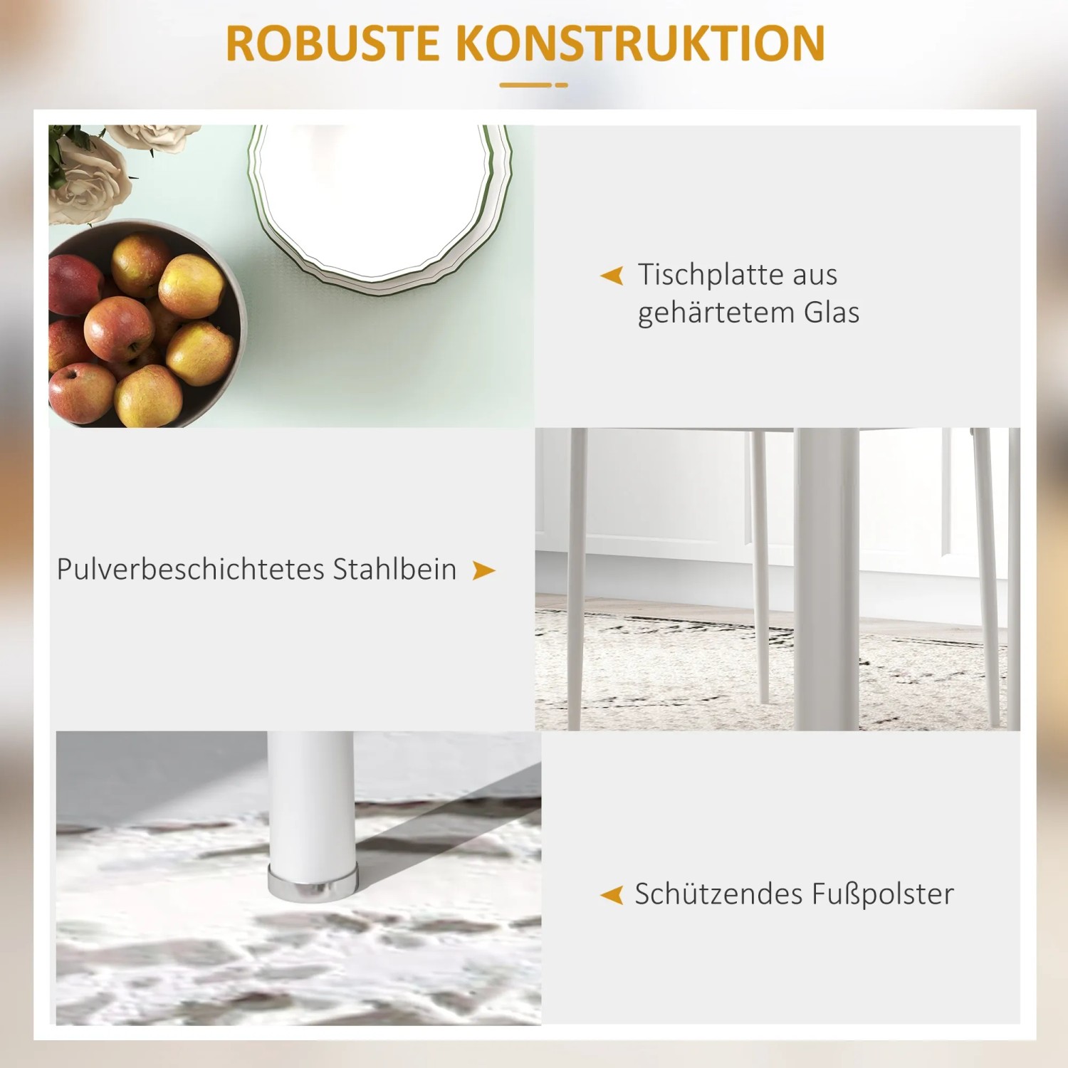 Detailansicht der HOMCOM Essgruppe: Tischplatte aus Glas, Stahlbeine und Bodenschoner im Fokus.