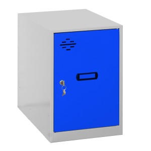 Blau-grauer PROREGAL Schließfachwürfel AMEGO mit Schloss und Schlüssel. Garderobenschrank für Büro oder Werkstatt.