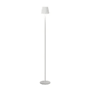 Schlanke, moderne LED-Stehleuchte in Weiß, dimmbar, mit konischem Schirm. Ideal als Innenleuchte für Wohnzimmer.