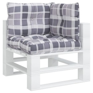 3-tlg. graues Palettenkissen-Set mit Karomuster für Sitz, Rücken und Seite. Ideal für Gartenmöbel.