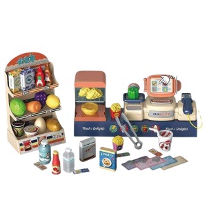 Coemo 2in1 Spielzeugkasse Nico mit Supermarkt-Regal und 42 Zubehörteilen für Kinder.