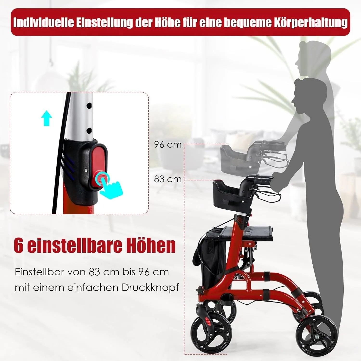 Costway Rollator Faltbar und Leicht 2-In-1 Ruhestuhl & Reiserollator Rot_6