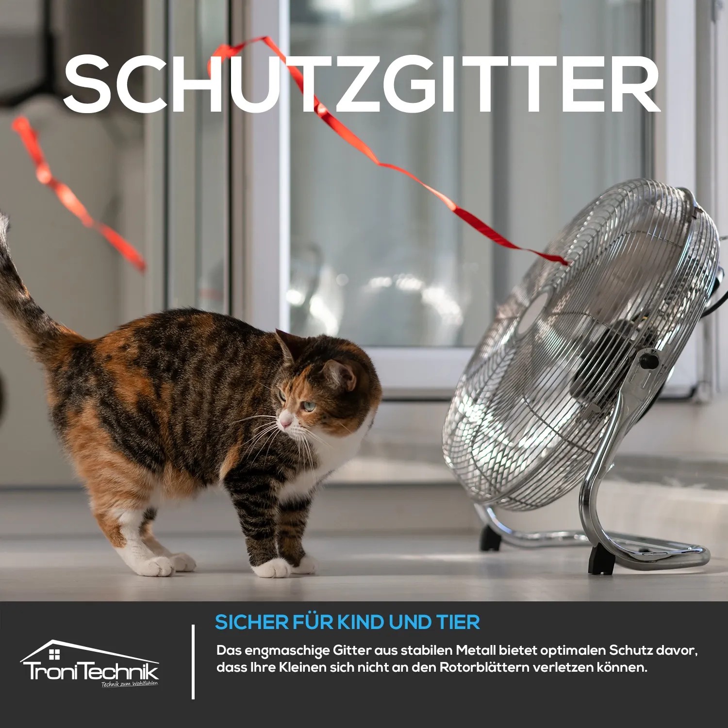 TroniTechnik Bodenventilator Windmaschine mit Katze, ⌀35cm, drei Geschwindigkeitsstufen, silberfarben.