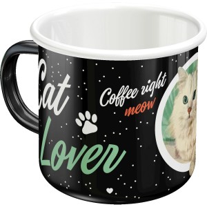 Nostalgic-Art Emaille-Becher Cat Lover, schwarzer Metallbecher mit Katzenmotiv und Spruch.