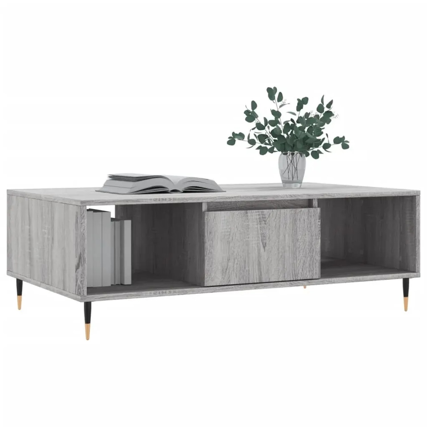 vidaXL Couchtisch Grau Sonoma, 104x60x35 cm, Holzwerkstoff mit Fächern und Eisengestell.