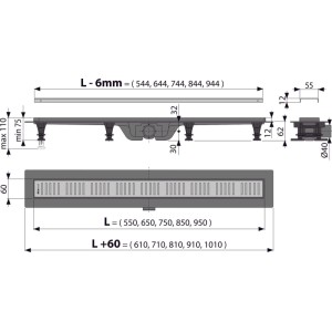 Alcadrain Duschrinne mit Rand für perforierten Rost 650 mm Chrom