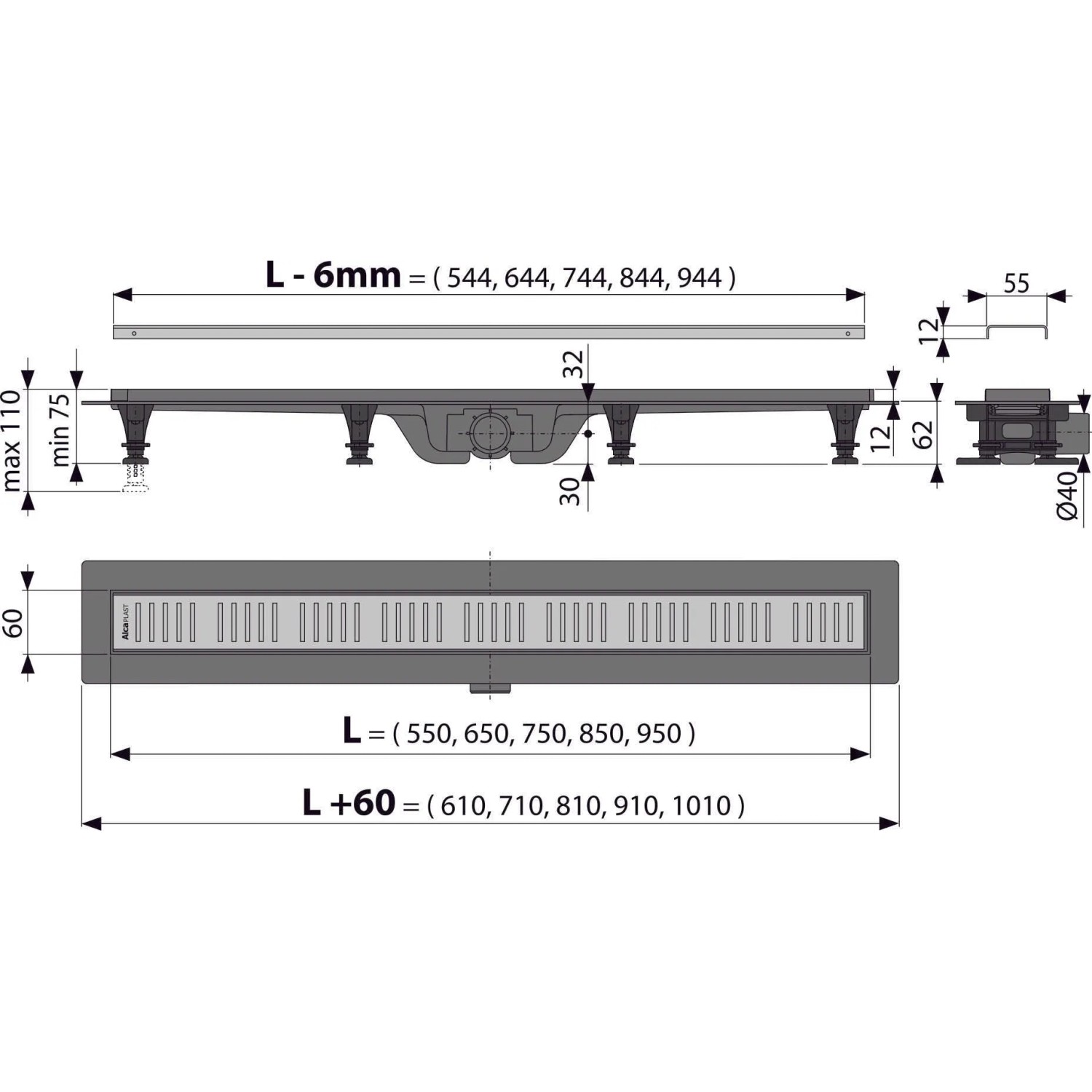 Alcadrain Duschrinne mit Rand für perforierten Rost 650 mm Chrom_2