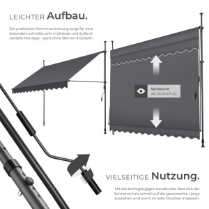 Tectake Klemmmarkise  Mit Handkurbel Uv Beständig 300 x 180 cm 180 x 300 x 304 cm Schwarz Grau