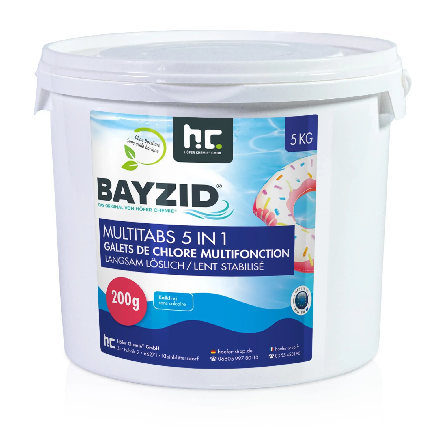 Eimer Bayzid Multitabs 5in1, 2x5kg, für die Poolpflege. Langzeit-Chlor-Tabletten zur Desinfektion und Stabilisierung des Poolwassers.