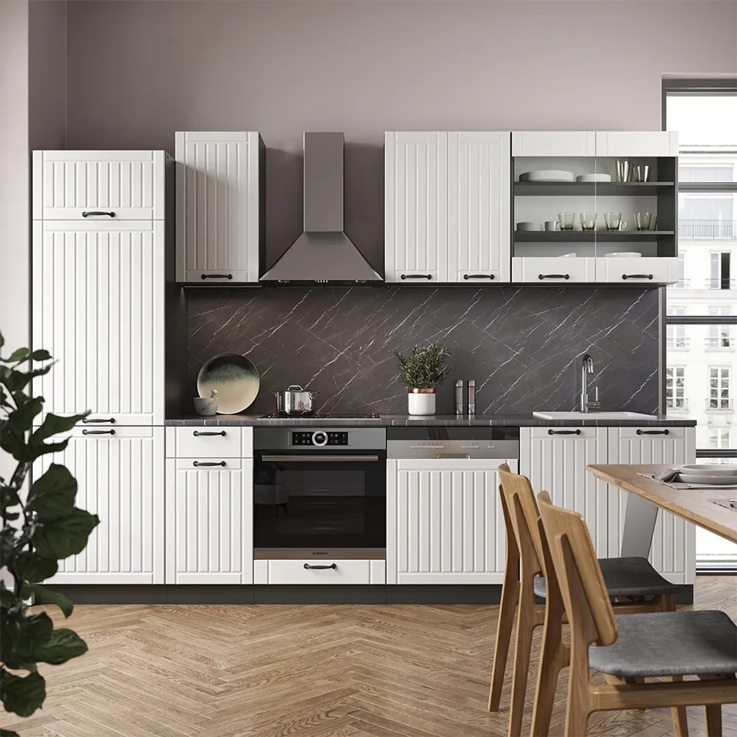 Vicco Fame-Line Küchenzeile, 300 cm, Landhaus Weiß/Anthrazit, ohne Arbeitsplatte.