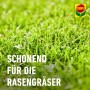 Nahaufnahme von Rasen mit dem Hinweis 'Schonend für die Rasengräser' und Compo Logo.